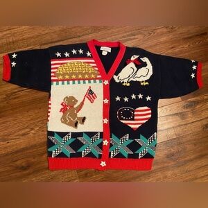 Vtg Patriotic Cardigan Sweater 4th July USA Made Women's Cable Knit Medium